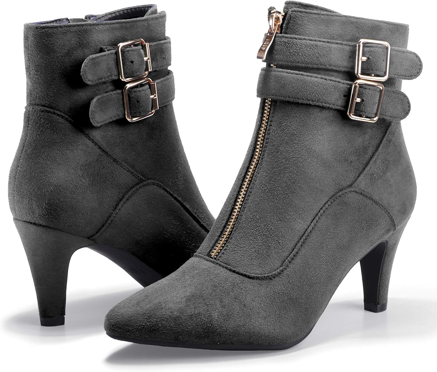 Women'S Buckle Strap Ankle Booties 3 Inch Pointed Toe Zipper Heels Dress Jeans Boots